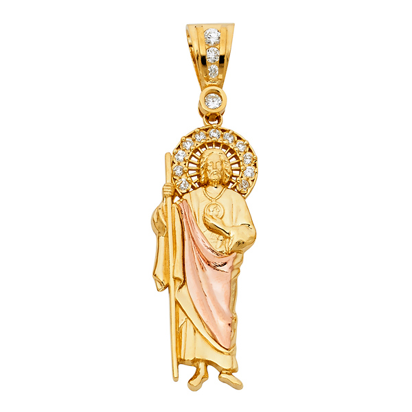 St Jude of Thaddeus Figure Pendant with CZ Flame in 14K Yellow Gold - Large Slide 0