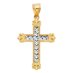 Small Fleur-de-lis Cross Pendant in 14K Two Tone Gold