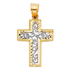 Small Fancy Filigree Cross Pendant in 14K Two-Tone Gold
