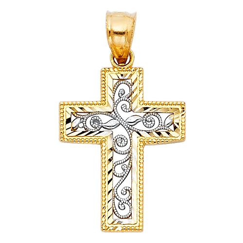 Small Fancy Filigree Cross Pendant in 14K Two-Tone Gold Slide 0