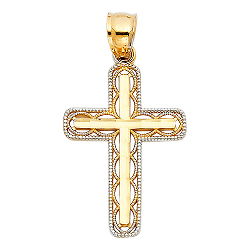 Small Fancy Milgrain Cross Pendant in  14K Two-Tone Gold Slide 1