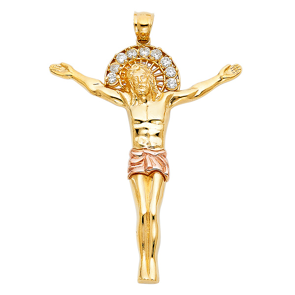 Extra Large CZ Floating Jesus Body Crucifix Pendant in 14K Yellow & Rose Gold Slide 0
