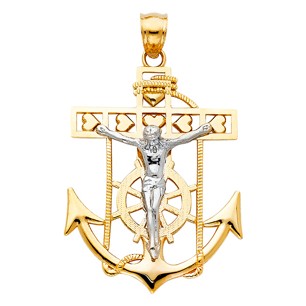 Heart Mariner's Cross Anchored Crucifix Pendant in 14K Yellow & White Gold - Small Slide 0