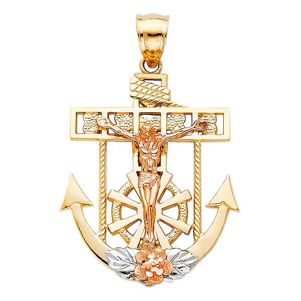 Heart Mariner's Cross Anchored Crucifix Pendant in 14K Yellow & Rose Gold - Medium Slide 0