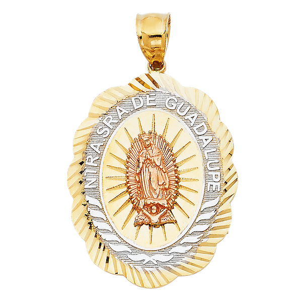 Scalloped Our Lady NUESTRA SENORA DE GUADALUPE' Medal Pendant in 14K Tricolor Gold Slide 0