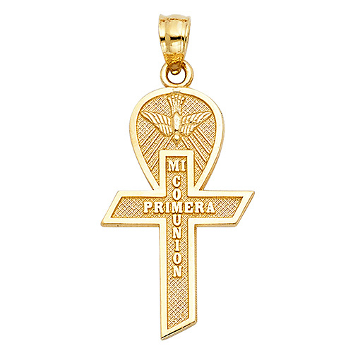 My First Communion Spanish Text Cross Pendant in 14K Yellow Gold- Small Slide 1