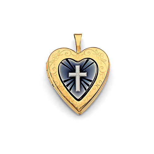 Enameled Heart & Cross Locket in 14K Two-Tone Gold Solid Slide 0