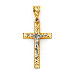 Large Milgrain Raised Nugget Center Crucifix Pendant in 14K Two-Tone Gold Solid