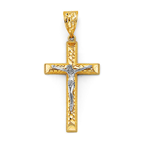 Large Milgrain Raised Nugget Center Crucifix Pendant in 14K Two-Tone Gold Solid Slide 0