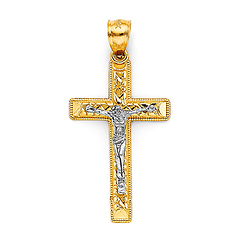 Small Milgrain Raised Nugget Center Crucifix Pendant in 14K Two-Tone Gold Solid