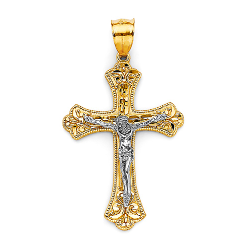 Medium Milgrain Fleur de Lis Crucifix Pendant in 14K Two-Tone Gold Solid Slide 0