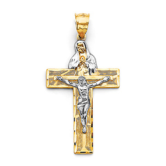 Praying Virgin Mary Crucifix Pendant in 14K Two-Tone Gold Solid - Medium