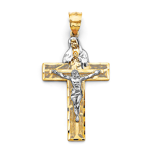 Praying Virgin Mary Crucifix Pendant in 14K Two-Tone Gold Solid - Medium Slide 0