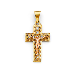 Bezel Round CZ Milgrain Crucifix Pendant in 14K Two-Tone Gold Solid - Small