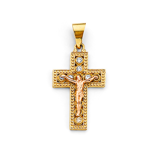 Bezel Round CZ Milgrain Crucifix Pendant in 14K Two-Tone Gold Solid - Small Slide 0