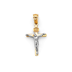 Small Tapered Squared Rod Crucifix Pendant in 14K Two-Tone Gold Solid