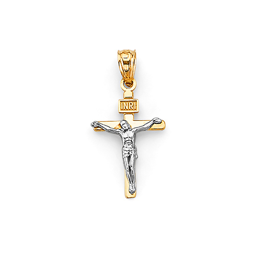Small Tapered Squared Rod Crucifix Pendant in 14K Two-Tone Gold Solid Slide 0