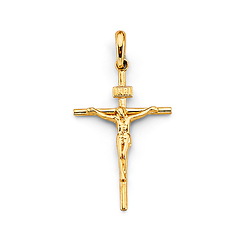 Petite Thin Rod Crucifix Pendant in 14K Yellow Gold Solid - Classic