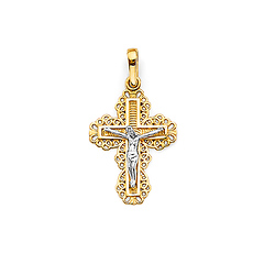 Celtic Scroll Crucifix Pendant in 14K Two-Tone Gold Solid - Petite