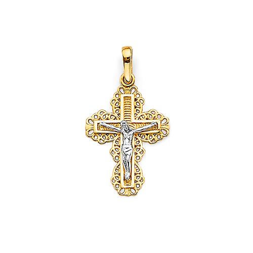 Celtic Scroll Crucifix Pendant in 14K Two-Tone Gold Solid - Petite Slide 0