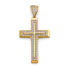 Medium Squared CZ Double Cross Pendant - 14K Yellow Gold Solid
