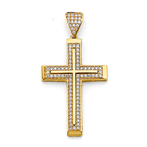 Medium Squared CZ Double Cross Pendant - 14K Yellow Gold Solid Slide 0