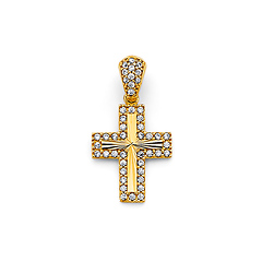 Diamond-Cut CZ Double Cross in 14K Yellow Gold Solid - Mini