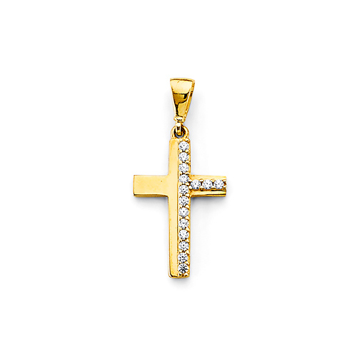 Modern CZ Squared Cross Pendant in 14K Yellow Gold Solid Slide 0