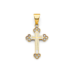 CZ Budded Double Cross Pendant in 14K Yellow Gold Solid