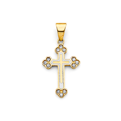 CZ Budded Double Cross Pendant in 14K Yellow Gold Solid Slide 0