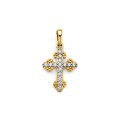 Budded CZ Pave Cross Pendant in 14K Two-Tone Gold Solid - Mini
