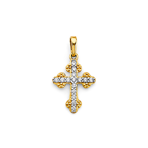 Budded CZ Pave Cross Pendant in 14K Two-Tone Gold Solid - Mini Slide 0
