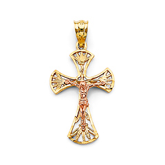 Byzantine Palm Leaf Crucifix Pendant in 14K Two-Tone Gold Solid