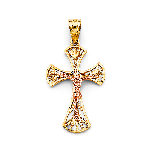 Byzantine Palm Leaf Crucifix Pendant in 14K Two-Tone Gold Solid Slide 0