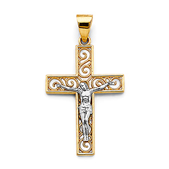 Filigree Milgrain Squared Crucifix Pendant in 14K Two-Tone Gold Solid