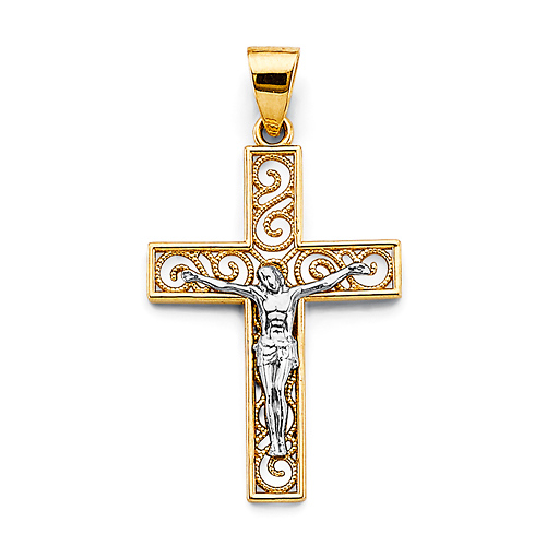 Filigree Milgrain Squared Crucifix Pendant in 14K Two-Tone Gold Solid Slide 0
