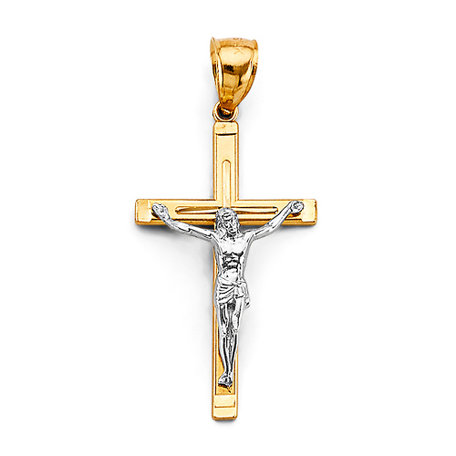 Carved Double Cross Crucifix Pendant in 14K Two-Tone Gold Solid Slide 0