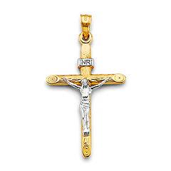 Wood Carved INRI Crucifix Pendant in 14K Two-Tone Gold