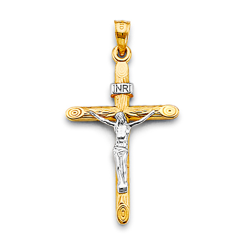 Wood Carved INRI Crucifix Pendant in 14K Two-Tone Gold Slide 0