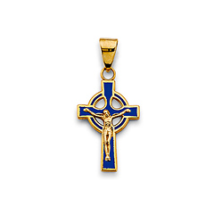 Blue Celtic Crucifix Pendant in 14K Yellow Gold Solid
