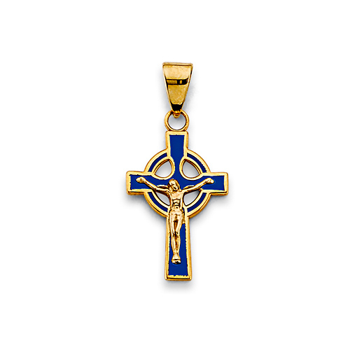 Blue Celtic Crucifix Pendant in 14K Yellow Gold Solid Slide 0