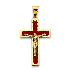 Scalloped Red Crucifix Pendant in 14K Yellow Gold Solid - Medium