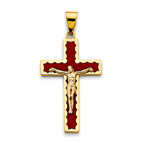 Scalloped Red Crucifix Pendant in 14K Yellow Gold Solid - Medium Slide 0