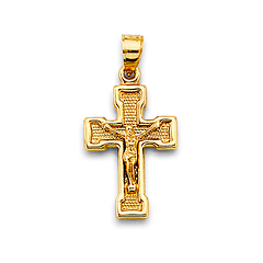 Wide Concave Textured Crucifix in 14K Yellow Gold Solid