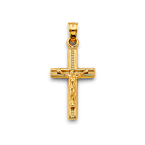 Slim Concave Textured Crucifix in 14K Yellow Gold Solid Slide 0