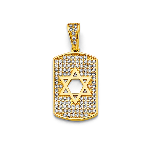 CZ Pave Star of David Dog Tag Pendant in 14K Yellow Gold Solid Slide 0