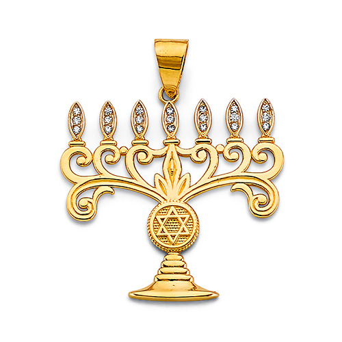 Artisinal CZ Star of David Menorah Pendant in 14K Yellow Gold Solid Slide 0