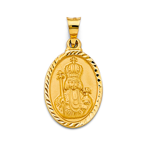 Oval Framed Diamond-Cut Santo Nino Medal Pendant in 14K Yellow Gold Solid Slide 0