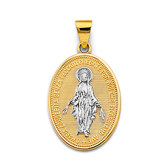 Oval Textured Our Lady of Grace Miraculous Medal Pendant in 14K Two-Tone Gold Solid