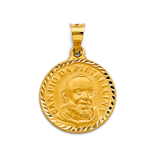 Diamond-Cut Padre Pio Medal Pendant in 14K Yellow Gold Solid Slide 0